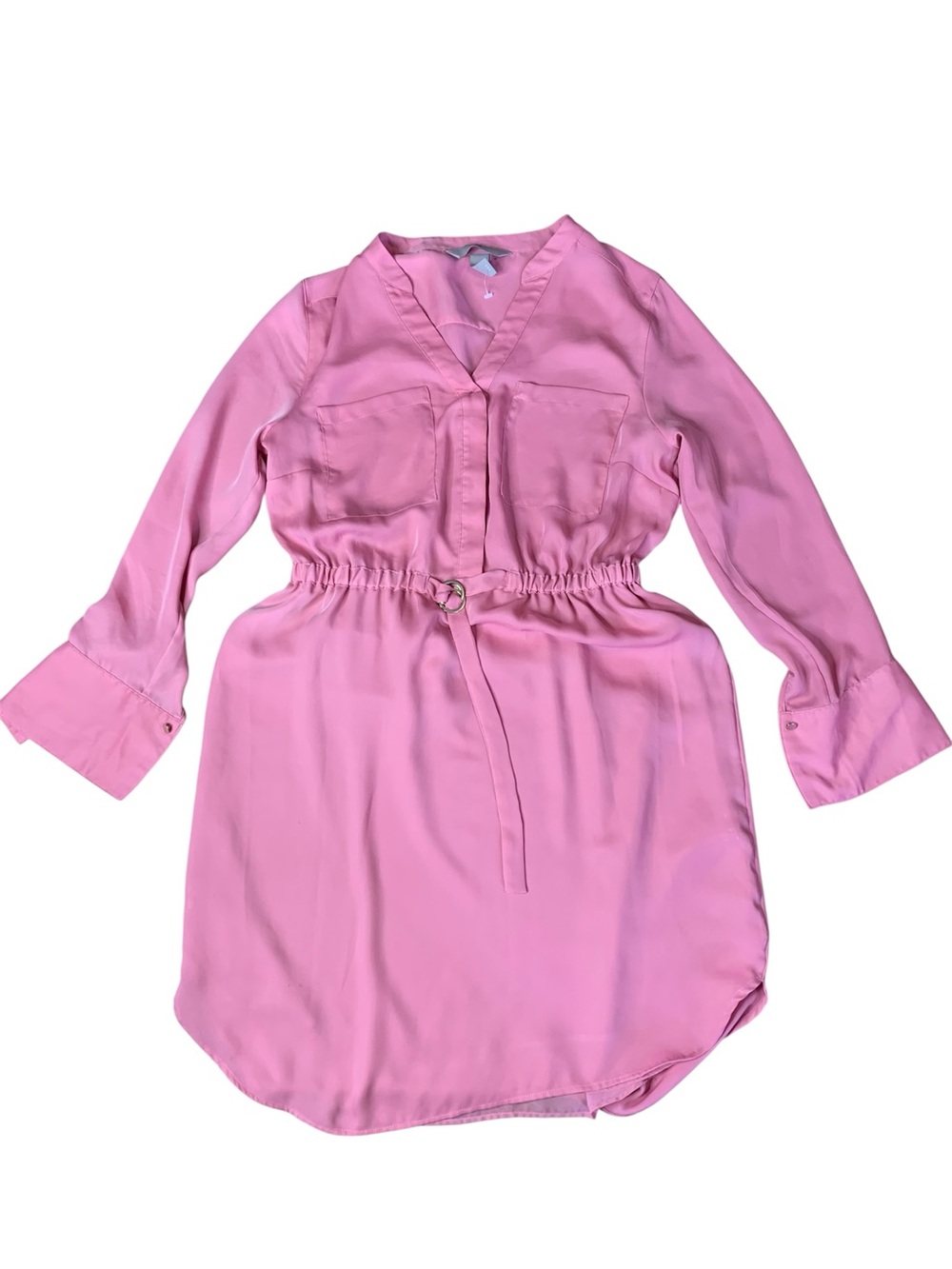 H&M Pink V-Neck Long Sleeve Shirt Dress Elastic Waist Size M